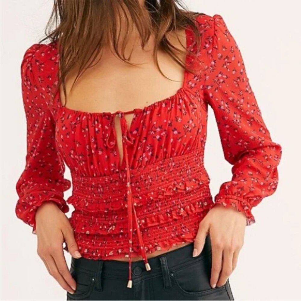 Free People Womens Lolita Smocked Floral Peasant Crop Top Size‎ S Boho Romantic